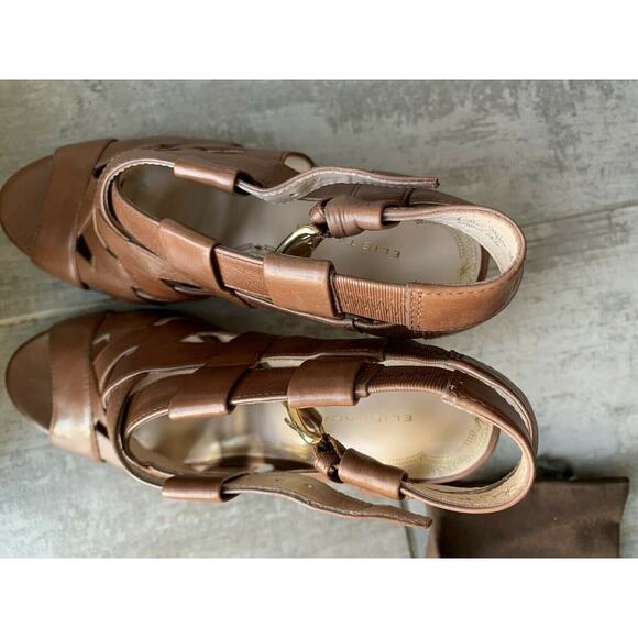 Elie Tahari High Heel Peep Toe Sandals Leather Tan Brown Strappy Designer 39 9 - Picture 8 of 10